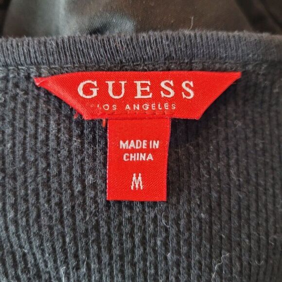Y2K‎ Guess Black Long-Sleeve Thermal Knit Top Womens Sz M Gold Rhinestone Logo - Picture 3 of 12